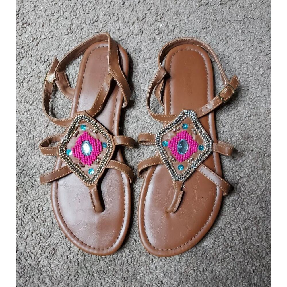 Women's Cherokee Size 6 Brown Gold Pink & Blue Beaded Gladiator Sandals